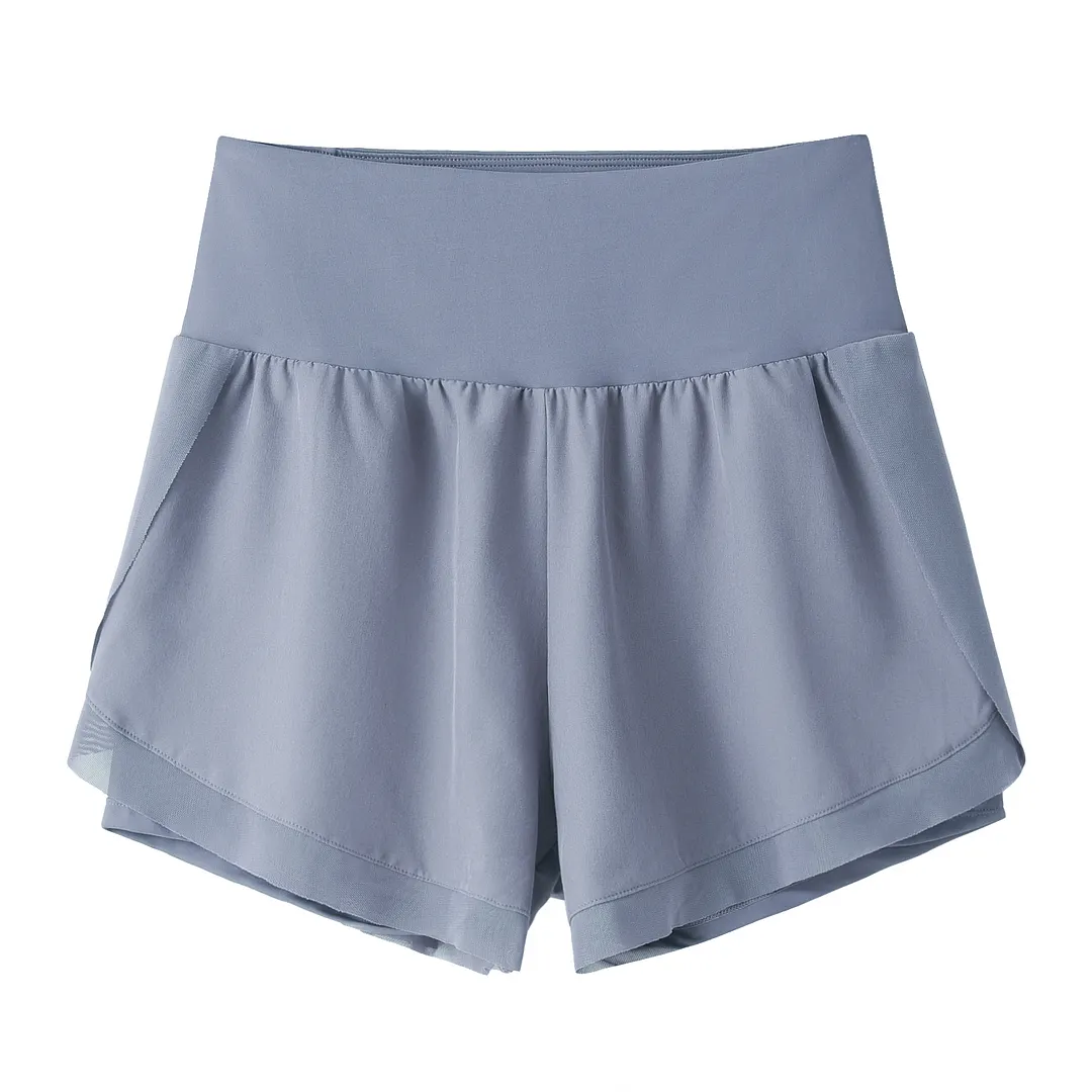 Hergymclothing Haze Blue fake 2 pieces mesh patchwork high waist casual gym shorts with pockets online shopping