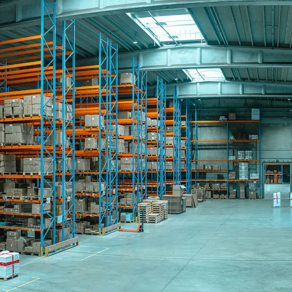Warehouse shelves holding cartons