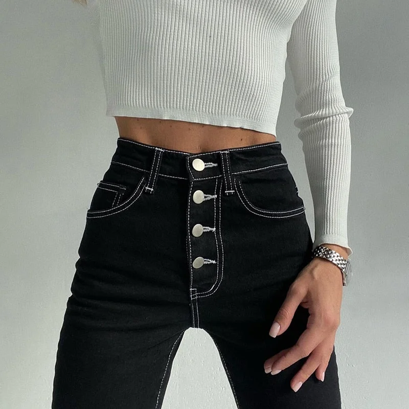 WanntThis Streetwear Jeans Casual Pant Women Pencil Pant Dark Gray Slim High Waist Button Sexy Skinny Denim Trousers 2020 Autumn