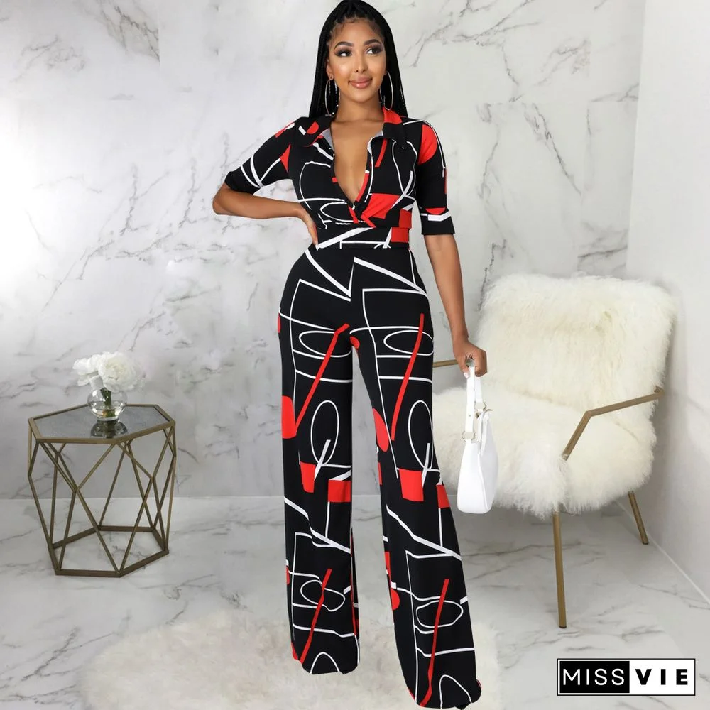 Digital Printed V-neck One Piece Jumpsuit