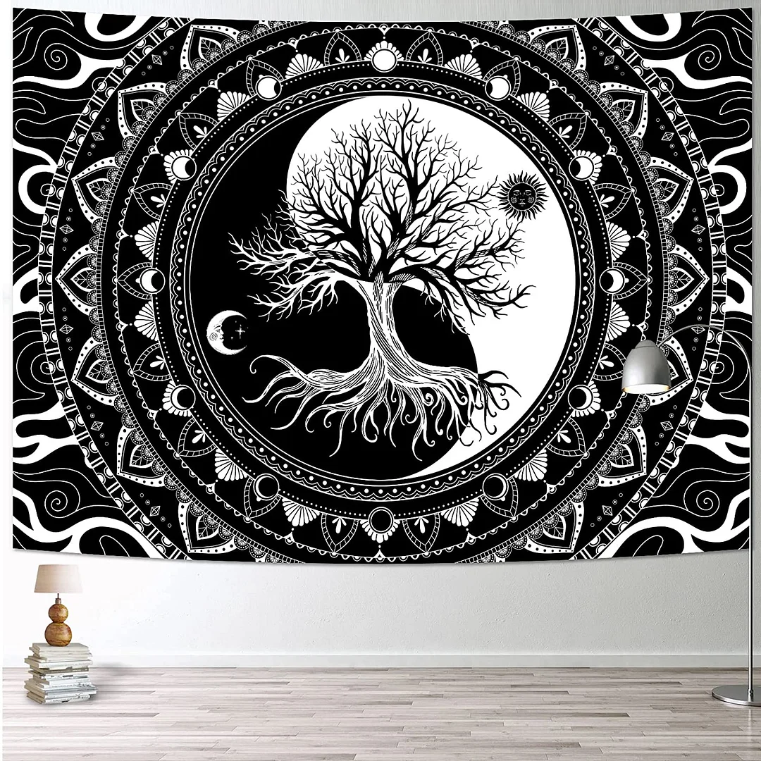 Tree of Life Tapestry Black and White Tapestry Bedroom Aesthetic Mystic Sun and Moon Wall Hanging Tapestries for Room Decor