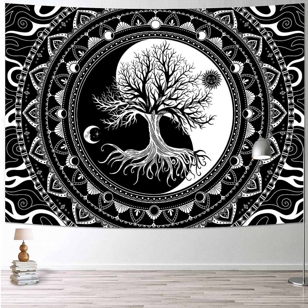 Tree of Life Tapestry Black and White Tapestry Bedroom Aesthetic Mystic Sun and Moon Wall Hanging Tapestries for Room Decor