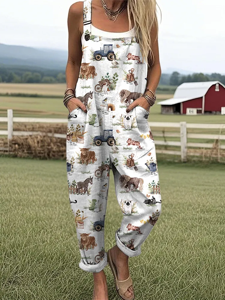 Women's Farm Animal Print Casual Wide Leg Jumpsuit