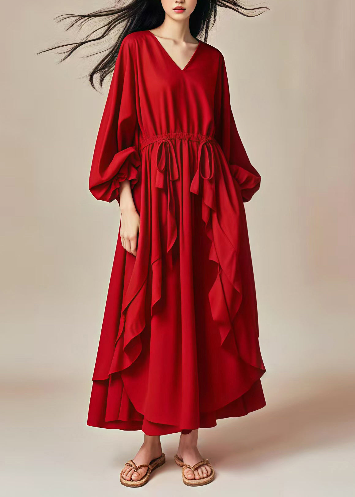 VCSHOES Red Oversized Ruffles Drawstring Cotton Dresses Lantern Sleeve
