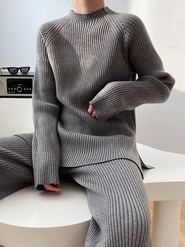Urban Long Sleeves Loose Split-Side Solid Color Round-Neck Sweater Dresses