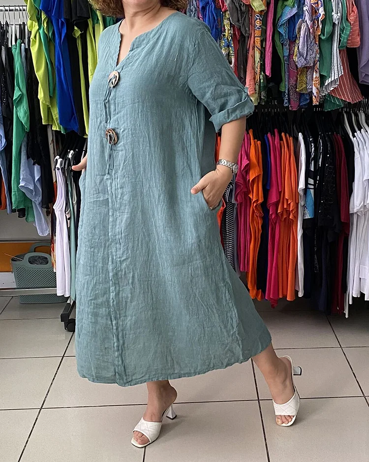 Double-Button V-Neck Cotton Dress