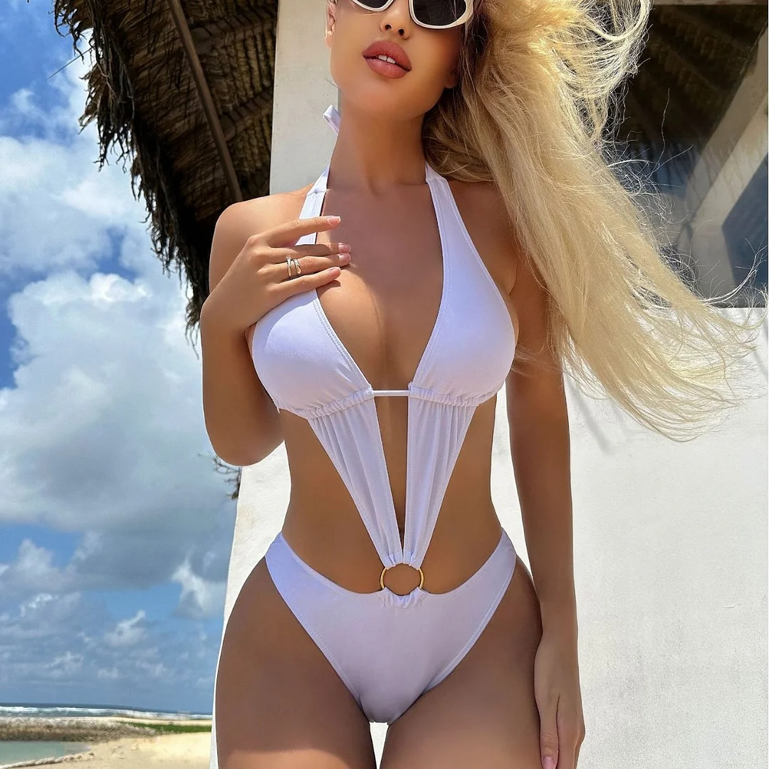 Uveng 2023 New Sexy Hollow Conjoint Solid Color Two-Set Swimsuit Bikini Bikini