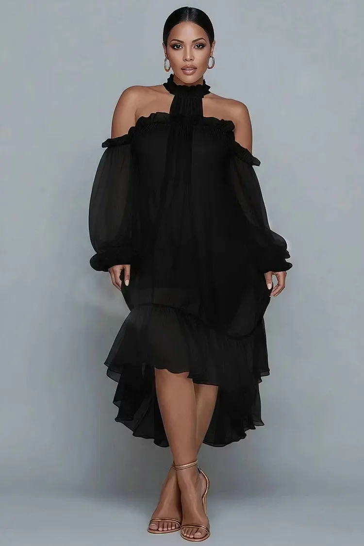 Xpluswear Design Plus Size Birthday White Halter Collar Cold Shoulder Long Sleeve Ruffle Asymmetric Hem Irregular Hem Chiffon Midi Dresses 2024 - Xpluswear