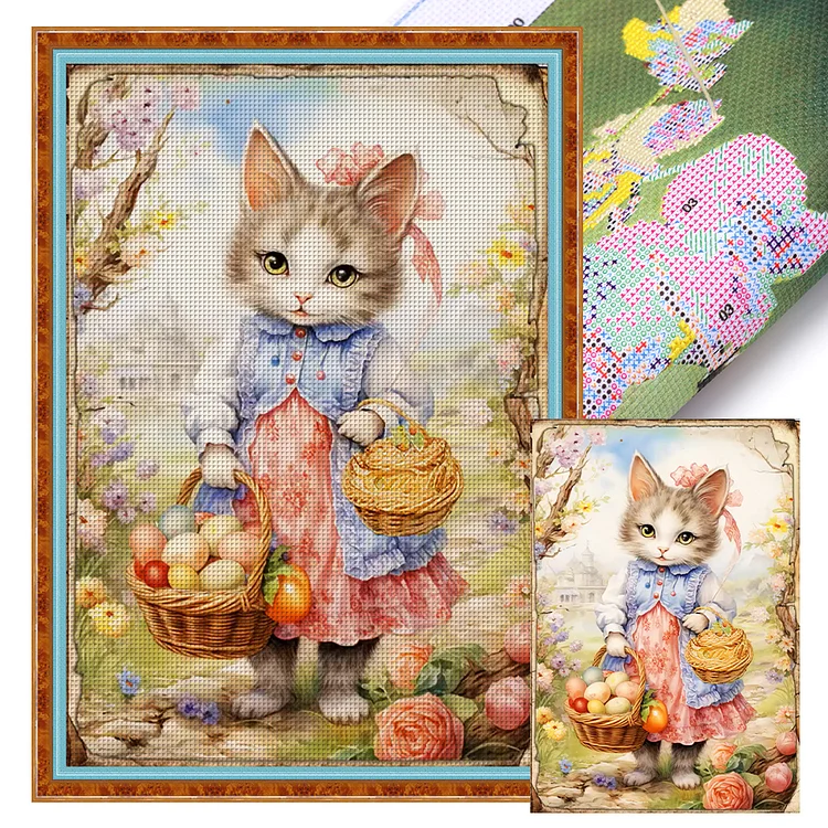 【Huacan Brand】Retro Poster-Easter Egg Cat 11CT Stamped Cross Stitch 40*60CM