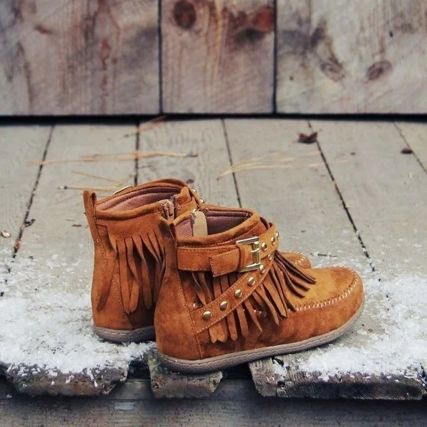 Women's Retro Winter Western Fringe Moccasin Ankle Booties Lace Up Low Heel Cowboy Ankle High Boots