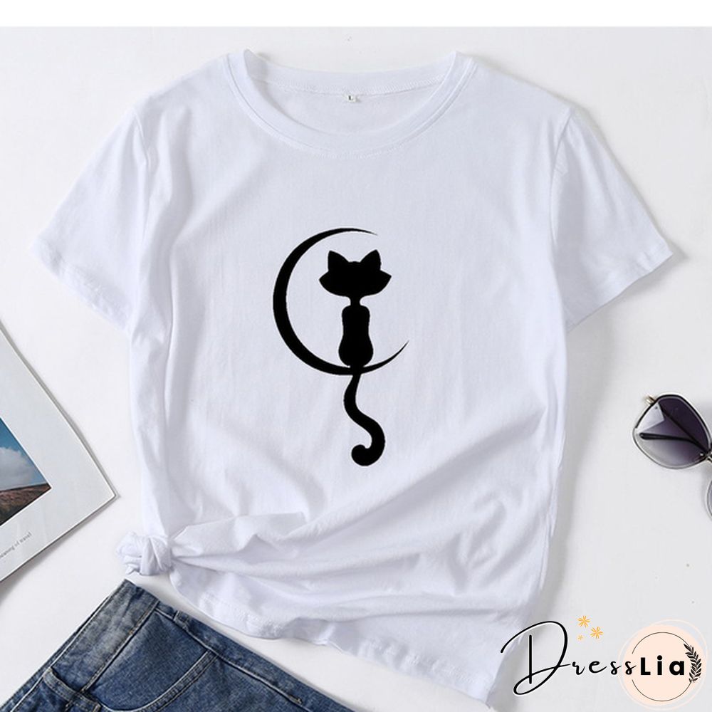 Women Fashion Cat Print T-shirt Summer Casual Short Sleeve Tee Shirt Ladies Round Neck Loose T-shirt