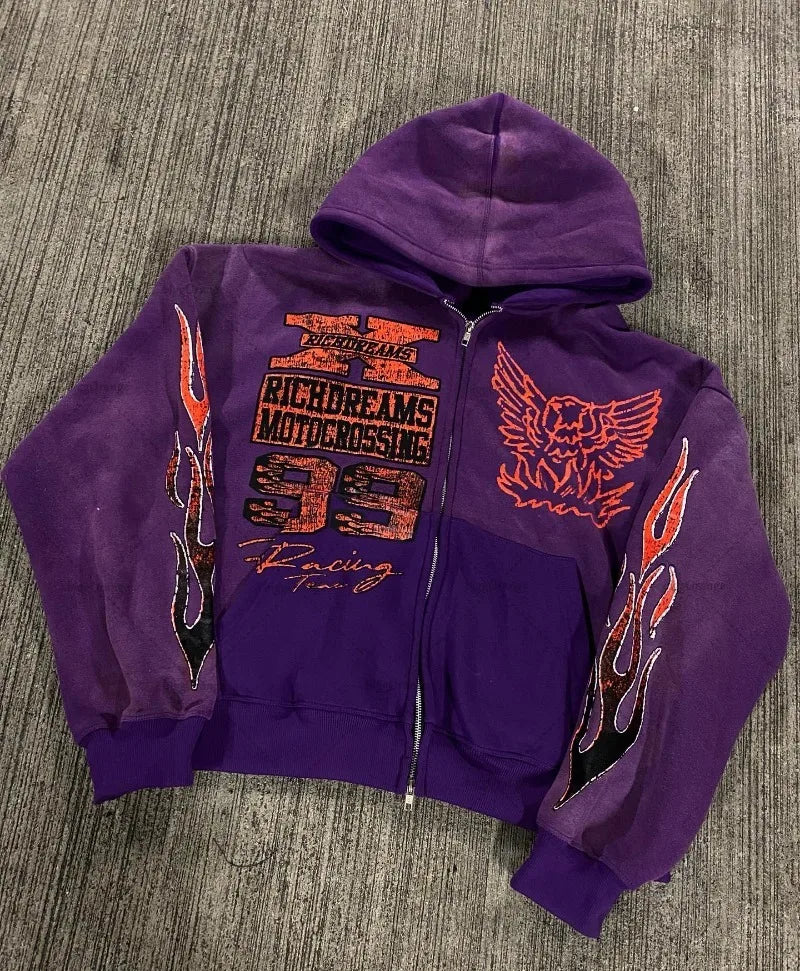 Llyge 2024 European and American Fashion Casual Oversized Hoodie Men Y2k Retro Anime Print Jacket Gothic Harajuku Zipper Sweatshirt llyge