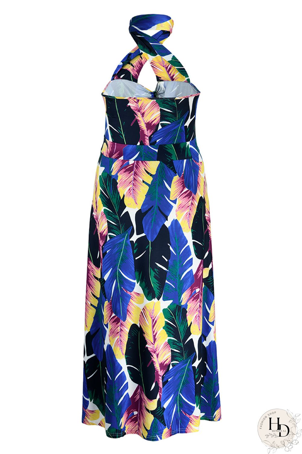 Yellow Fashion Sexy Plus Size Print Backless Slit Halter Sleeveless Dress