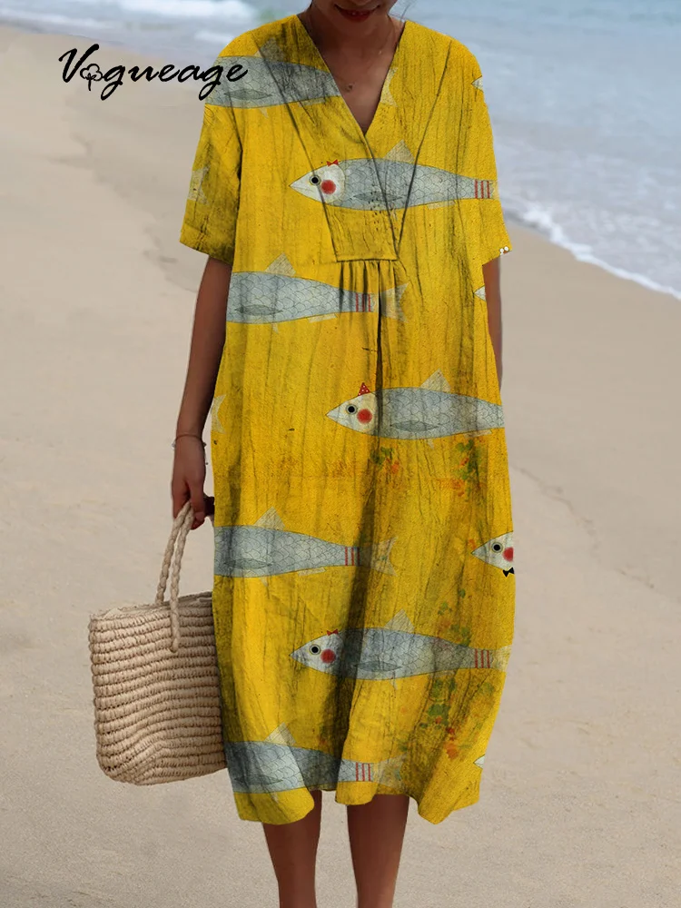 Simple And Stylish Striped Fish Printed Women's Casual Cotton And Linen Dress
