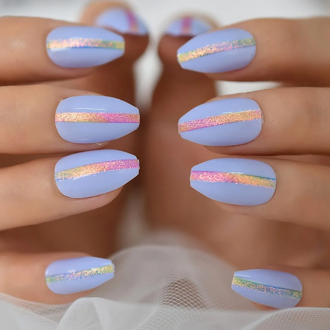 Iridescent White Instant French Nails Glitter Beveled Clear Short Square Fake Nail Art Tips Many Choice 24 Count 515-3-Nail Inspo