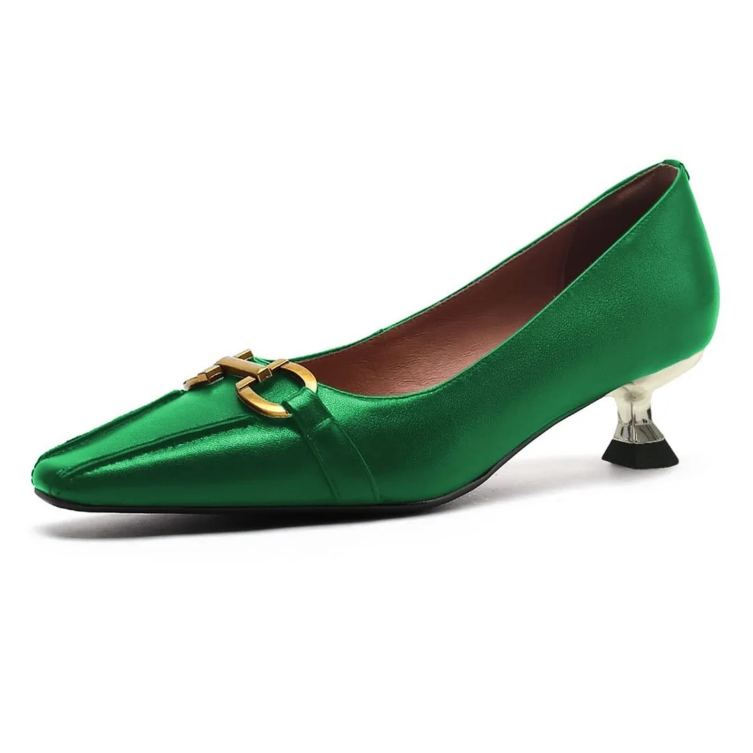 Green Pointed Toe Horsebit Slip On Low Kitten Heel Pumps for Women