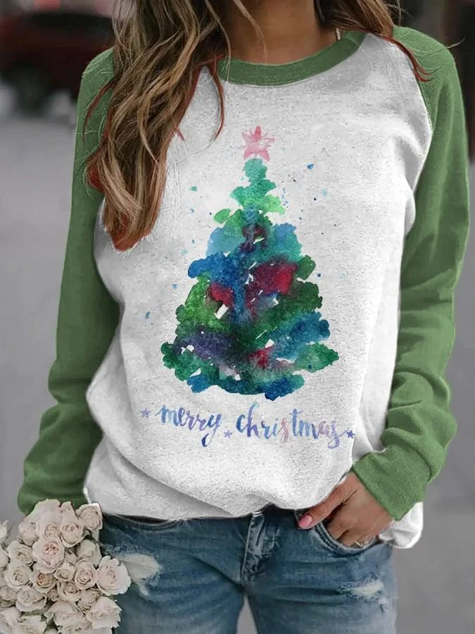 Women's Merry Watercolor Christmas Tree🎄 Print Casual Sweatshirt