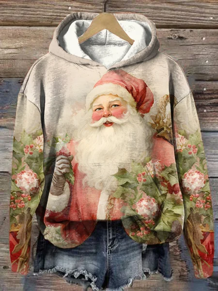 Vintage Pink Santa Floral Print Hooded Sweatshirt