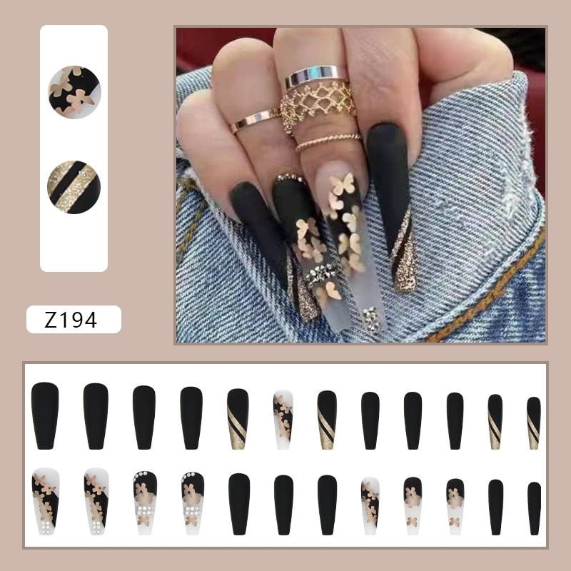 24Pcs/Box Gold Glitter Butterfly Long Ballet Wearable Fake Nails Sexy Black Press On Full Cover Detachable Finished Fingernails