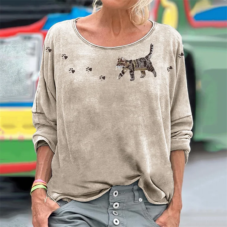Cat & Paw Prints Yoke Embroidered Washed T Shirt