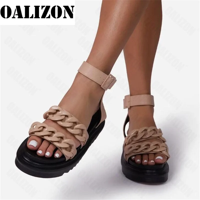 Women Fashion Flip Flops Sandals Shoes Women Flat Platform Lottie Chain Detail Chunky Sole Casual Gladiator Buckle Sandals Shoes