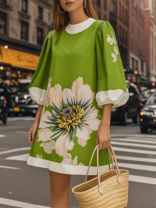 Flower Print Pleated A-Line Loose Round-Neck Mini Dresses