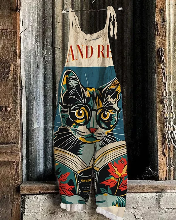 Vintage Cat and Book Print Jumpsuit