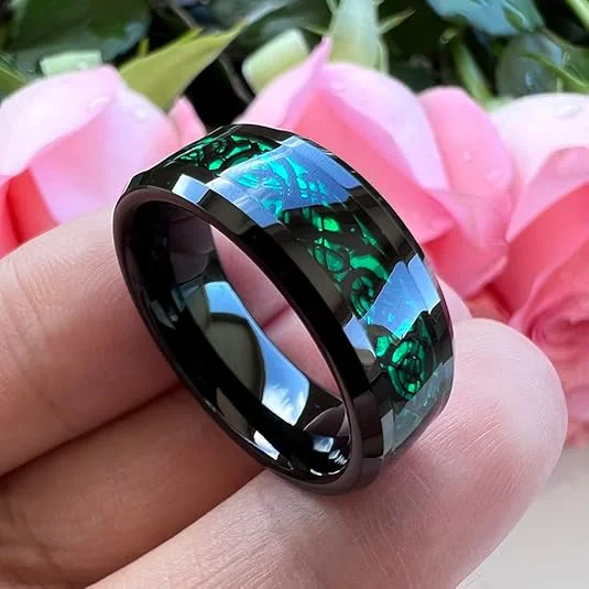 6MM 8MM 10MM Tungsten Carbide Men's Black with Green Celtic Dragon Knot Wedding Rings