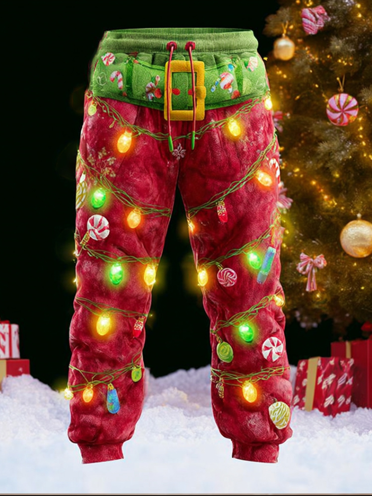 Men's Christmas Christmas Lights Santa Claus Splicing Sports Pants elevenforest