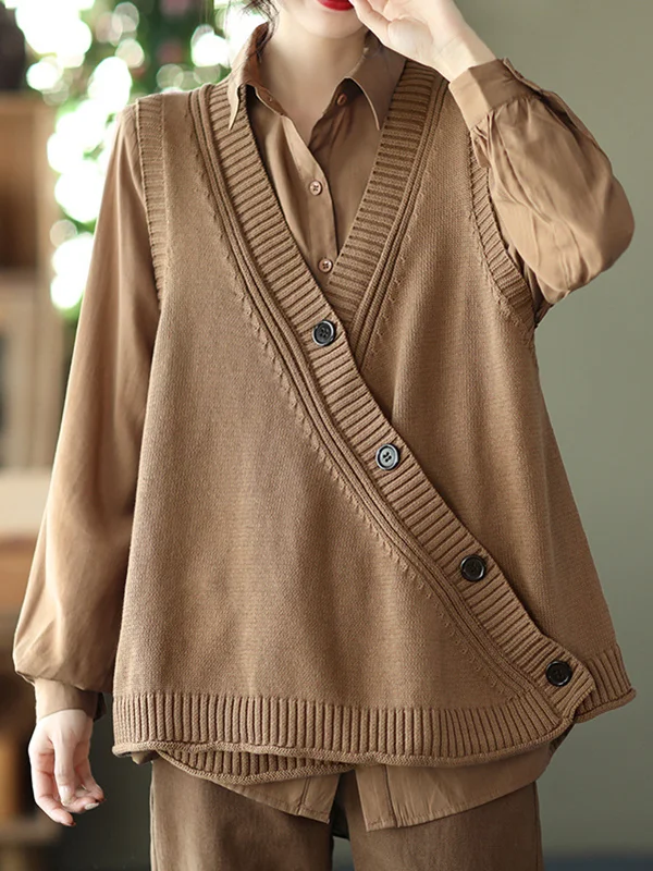 Vintage V-Neck Asymmetric Knitting Vest Outerwear