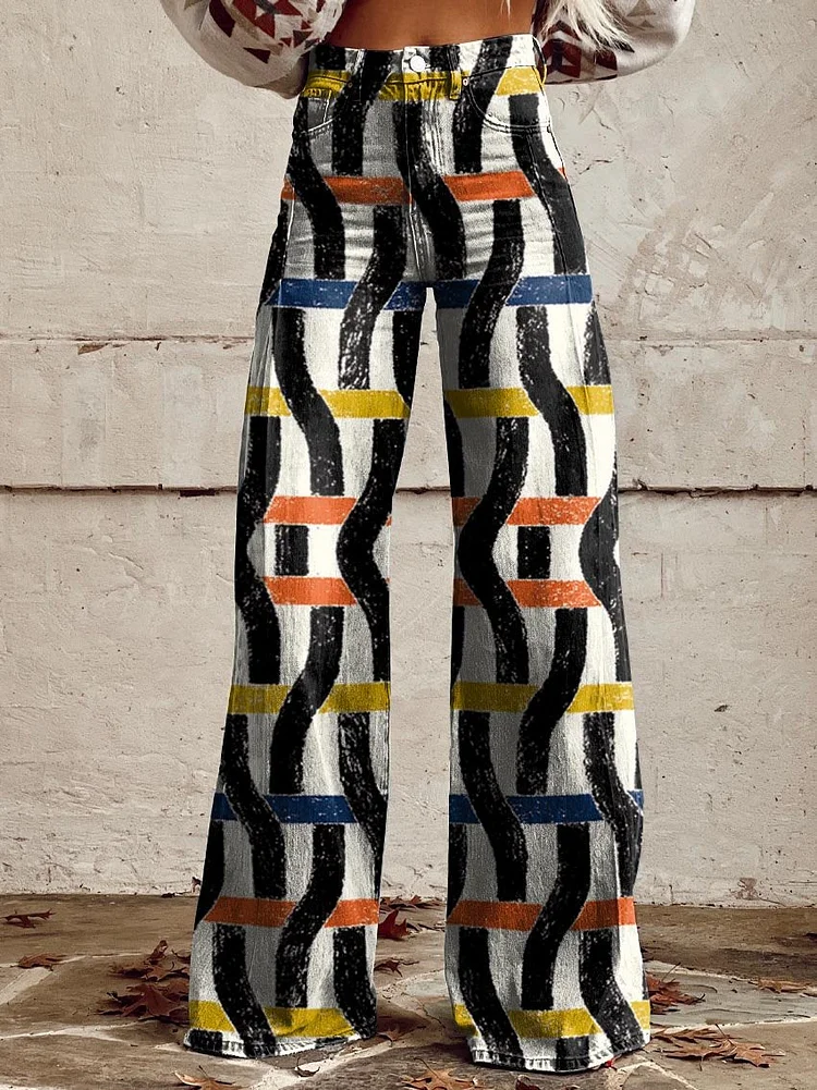 Women's Black and White with Red, Yellow and Blue Twisted Stripes Print Casual Wide Leg Pants