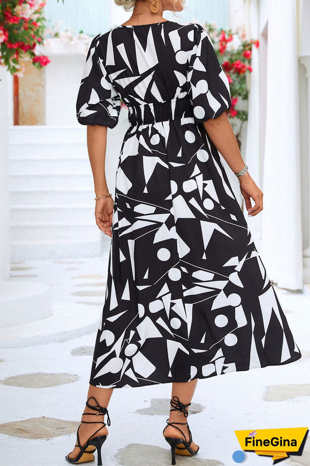 Print V Neck Beach Bubble Sleeve Midi Dress