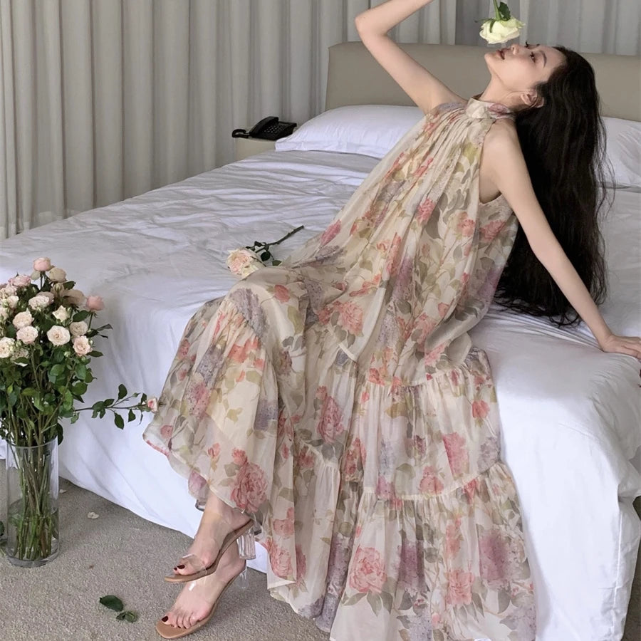 Aiertu Women Elegant Floral Print Maxi Dresses Summer New Fashion Sleeveless Loose Ruffle Y2k Dress Beach Birthday Party Robe Aiertu