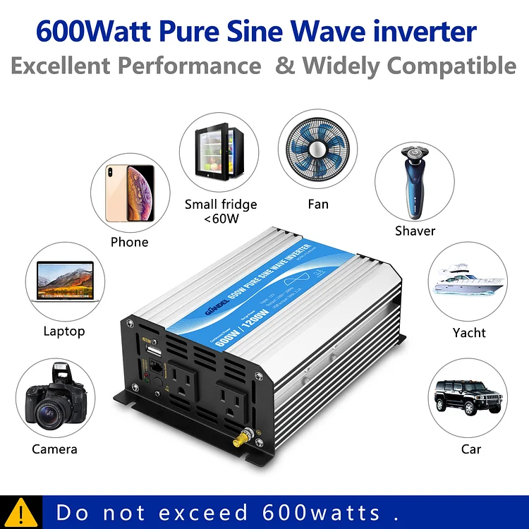 600W Power Inverter Pure Sine Wave 12V DC to 110V 120V 12V -Can 120V 60Hz