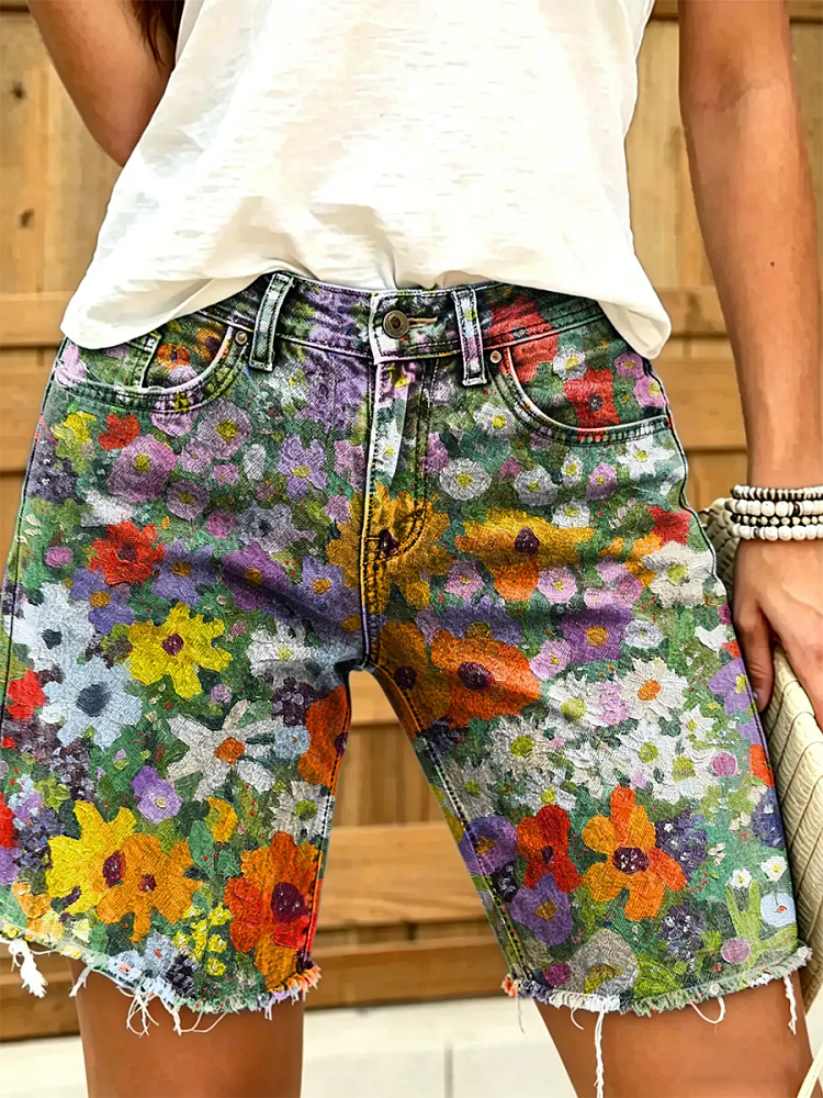 Ethnicity Colorful Flowers Women's Art Print Casual Denim Shorts