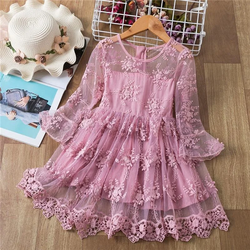 2021 Spring Girls Mesh Dress Dots Printing Girls Prom Evening Dresses for Girls Long Sleeve Bowknot Elegant Party Frock Dress