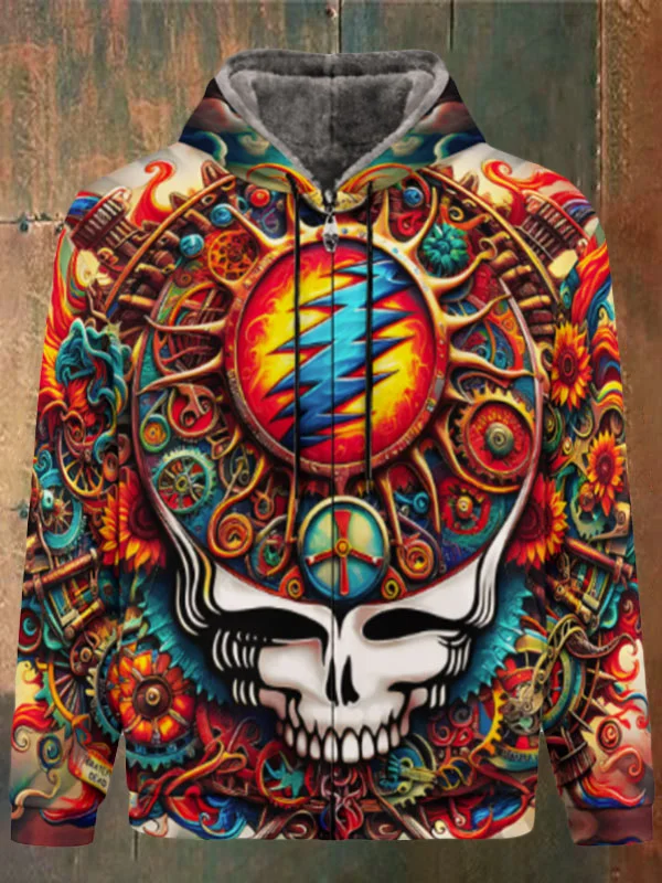 Unisex Skull Print Double Layer Fleece Zip-Up Hooded Jacket