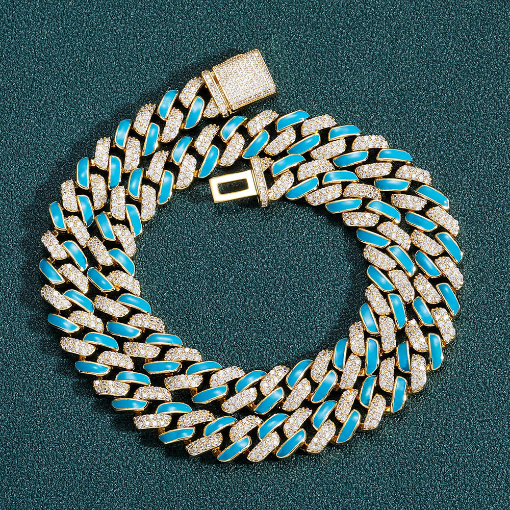 Iced Out Blue Glazed Bling CZ Stone Couple Cuban Chain
