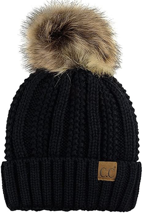 Thick Cable Knit Faux Fuzzy Fur Pom Fleece Lined Skull Cap Cuff Beanie