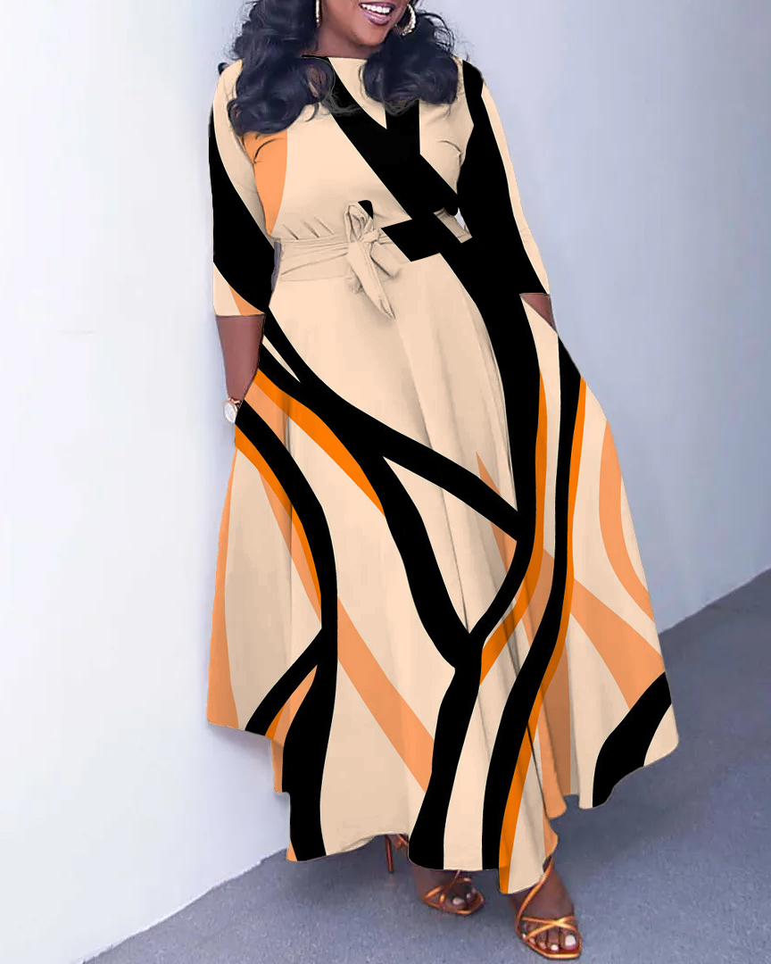 Simple Contrast Stripes Print Long Sleeve Pockets Maxi Dress