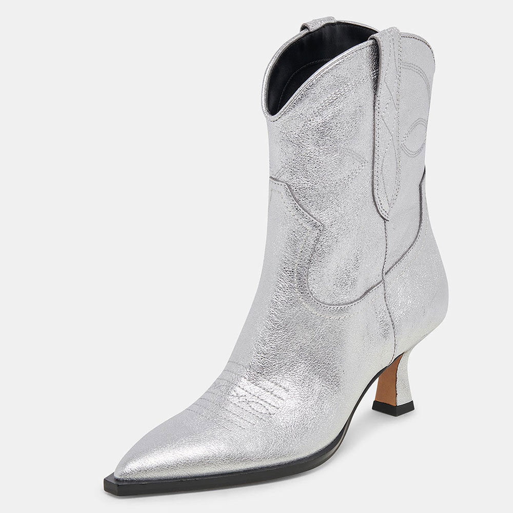 Metallic Silver Pointed Toe Stitching Kitten Heeled Ankle Boots