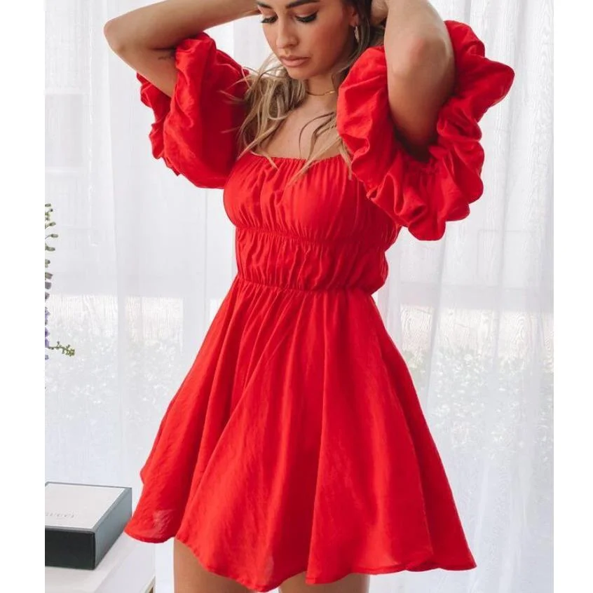 wsevypo Off Shoulder Flared Mini Dress Summer Women Solid Color Short Lantern Sleeve Short A-Line Party Vacation Beach Clothes