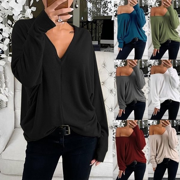 Women Fashion V-neck Long Sleeve Solid Color T-shirts Simple Style Plus Size Baggy Shirts Casual Loose Tops Ladies Spring and Autumn Blouses - Shop Trendy Women's Clothing | LoverChic