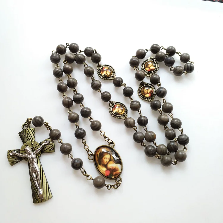 Olivenorma Black Wood Grain Rosary Holy Medal Cross Necklace
