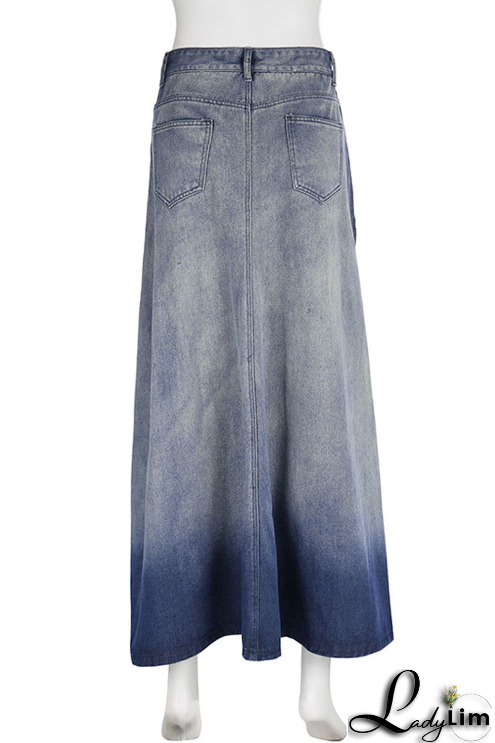 Blue Casual Daily Gradual Change Make Old Slit Regular Denim Skirts