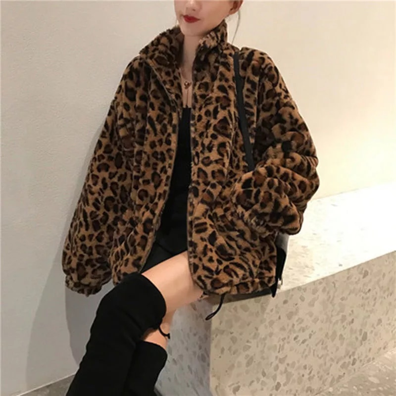 Winter Leopard Print Jacket Women's Stand collar Warm Parkas Outwear New Autumn Winter Korean Female Loose Faux Fur Coats