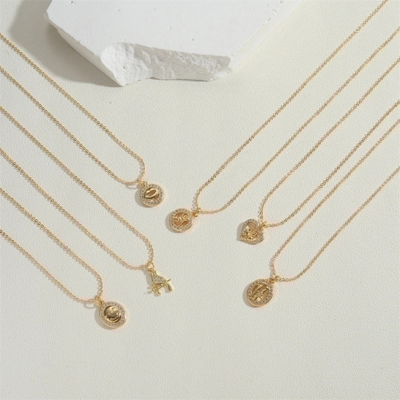 Copper 14K Gold Plated Vintage Style Minimalist Lips Heart Shape Bird Hollow Out Inlay Zircon Pendant Necklace