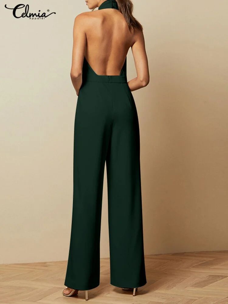 Celmia Elegant Office Lady Wide Leg Pants Overalls Casual Sleeveless Halter Women Jumpsuits 2022 Summer Backless Long Rompers