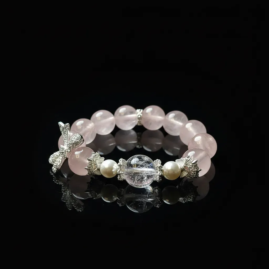 JiStones Ethereal Starlight Rose Quartz & Moissanite Bowknot Bracelet