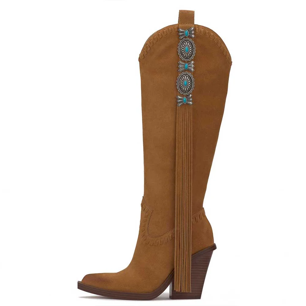 Brown Faux Suede Pointed Toe Knee High Fringe Cowgirl Boots with Chunky Heels Nicepairs